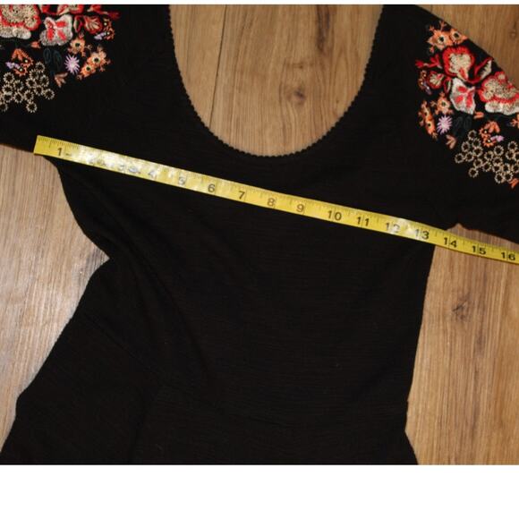Free People Black Fit and Flare Skater Dress Embroidered  Sleeves Scoop Back S - Picture 7 of 8